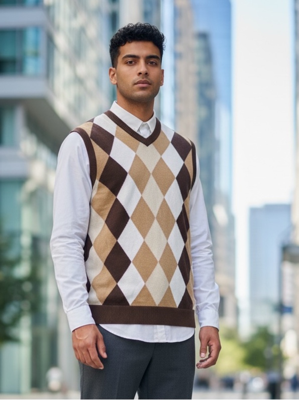 Argyle Diamond V-Neck Men’s Knit Layer Sweater Vest in Brown/Tan/Cream (Size M)